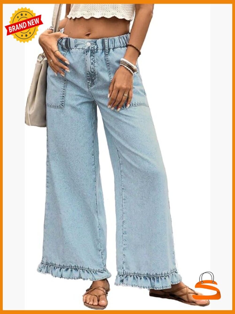 Plus Size Wide Leg Denim Pants Elastic Waist Palazzo Jeans